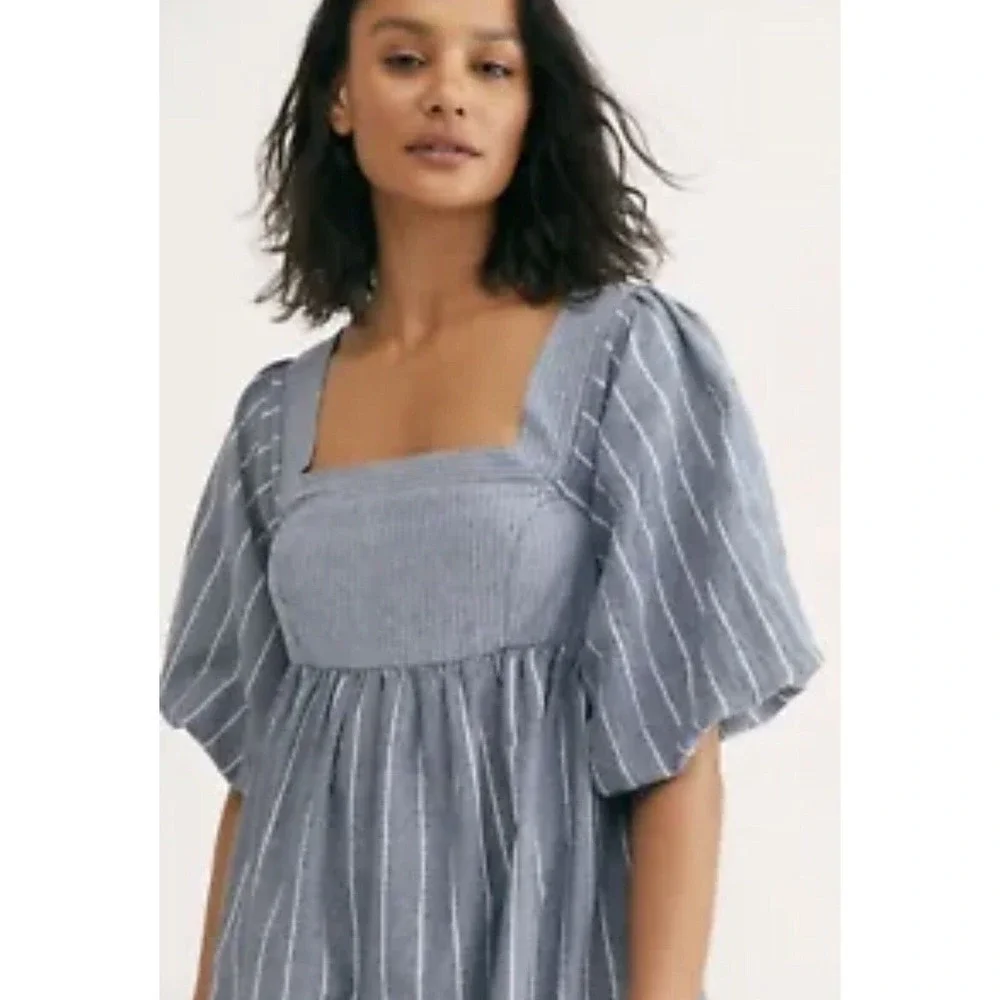 Free People Blue‎ Striped Chambray Women's Gigi Tunic Size S Small